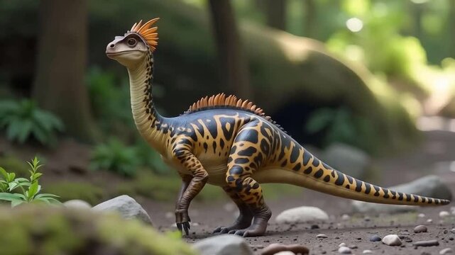 Forest-dwelling dinosaur lizard with scaly skin and feathered features