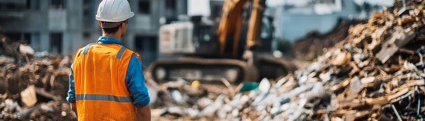 Fototapeta premium Construction worker in safety attire managing a pile of discarded materials at demolition site.