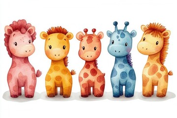 A colorful illustration of five cute, cartoon-style giraffes in various hues.