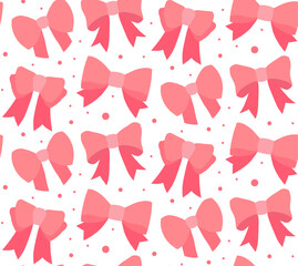 Seamless lovely vector pattern with pink ribbons and polka dots in a flat style on white background. Valentines girly texture. Feminine textile