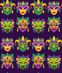 Vector seamless pattern with mardi gras masks in flat style on violet background. Fat tuesday backdrop. Texture with colorful carnival masks