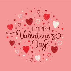 Happy Valentine’s Day calligraphy. Greeting card design with hand drawn hearts. Vector illustration