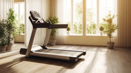 Fototapeta premium A high-quality shot of a treadmill with a digital display, standing unused in a spacious, minimalist gym with neutral colors.