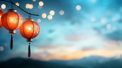 Rows of Glowing Red Lanterns Hanging Under Starry Night Sky at Oriental Festival with Atmospheric Moody Lighting