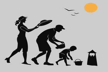 happy family at the sea side silhouette vector design art and illustration