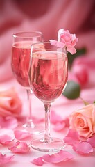 Two Sparkling Champagne Glasses on Romantic Celebration Background with Rose Flower on soft pink