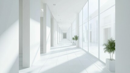 Obraz premium A long, bright corridor in a modern building, with white walls, clean tiled floors, and natural light streaming in from large windows