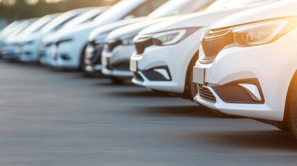 Obraz premium A row of gleaming white cars parked neatly in designated parking lot white