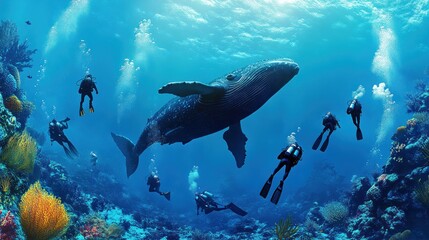 Fototapeta premium Divers encounter a majestic humpback whale amidst vibrant coral reef.