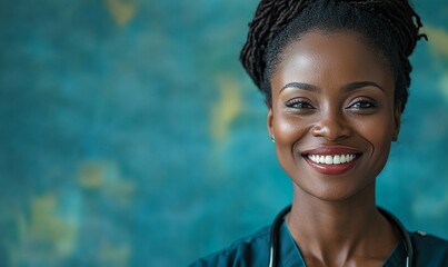 Black woman, doctor and portrait in hospital with trust, confidence and smile in medical clinic for professional about us. African gp face, happy or healthcare worker on space, Generative AI