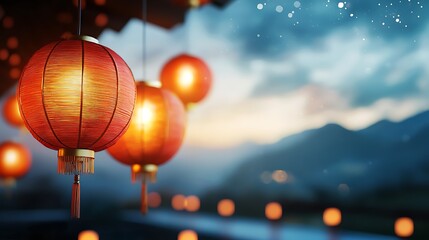 Obraz premium Rows of vibrant glowing red lanterns hanging in a festive display under a starry dramatic night sky This atmospheric and enchanting scene captures the beauty and tradition of Chinese culture