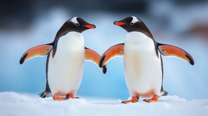 Obraz premium Two penguins are standing close to each other on a snowy surface. They are both facing the camera, and their bodies are positioned in a way that they appear to be holding hands. The scene is calm