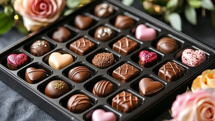 A beautifully arranged box of assorted chocolates features heart-shaped treats perfect for sharing on Valentine's Day.