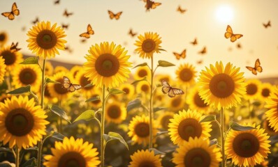 Vibrant sunflowers with butterflies at sunset