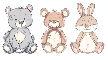 Cute cartoon teddy bears and a rabbit.