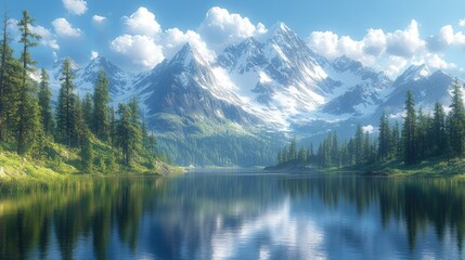 Serene lake reflecting snow-capped mountains.