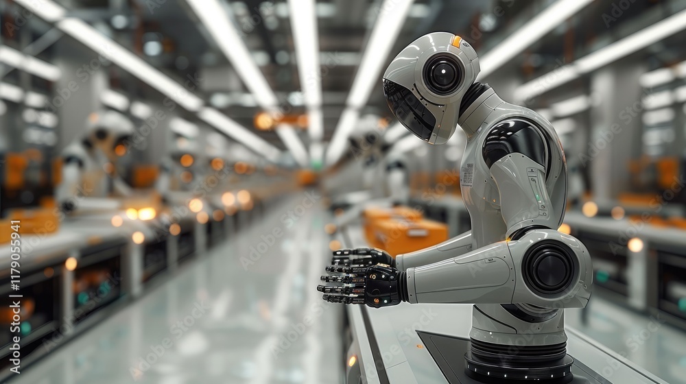 Aufkleber a futuristic e-commerce facility with advanced robotic arms efficiently sorting and packaging goods.