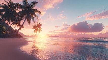 Tropical beach sunset, palm trees, ocean, idyllic scene, vacation poster.