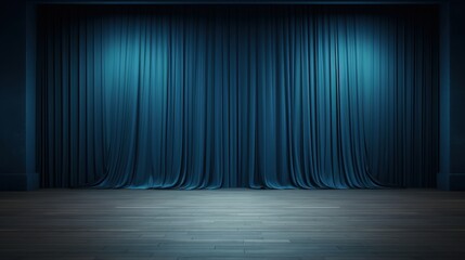 Elegant Blue Curtains Hanging Open in a Modern Theater Room with Wooden Flooring, Perfect for Dramatic Stage Settings and Interior Decor Inspiration