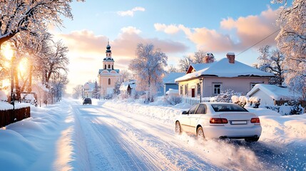 Fototapeta premium Winter lifestyle routine concept. A serene winter scene featuring a car driving down a snow-covered road, with a charming house and trees under a bright sky.