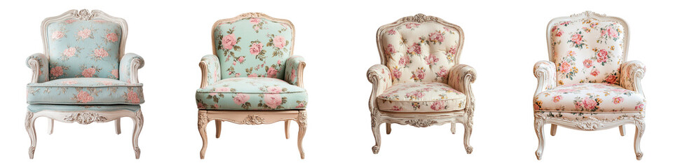 Ornate floral upholstered antique armchairs with plush cushions arranged in a refined Baroque inspired interior design  Elegant and luxurious living room furniture