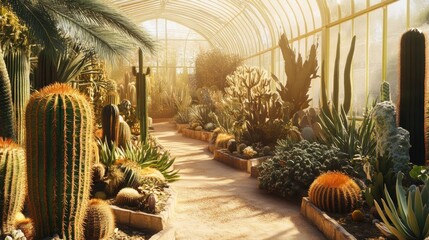 Sunlit conservatory path showcasing diverse cacti and succulents.