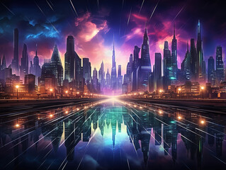 Obraz premium Fantastic Futuristic skyline glows in Dubai dark night