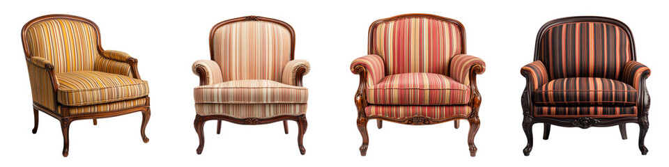 Collection of four elegant vintage style upholstered armchairs with classic striped fabric patterns...