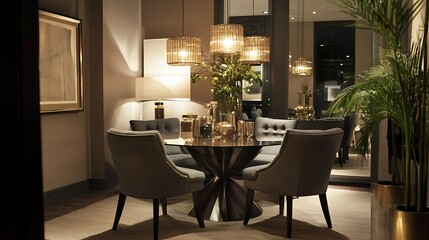 Fototapeta premium A compact chic dining area with a glass table upholstered chairs and pendant lights