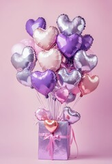 Fototapeta premium Romantic pastel heart balloons arranged in a lavender gift box perfect for Valentine's Day celebrations or romantic events.