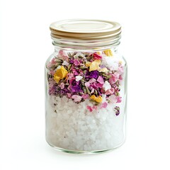 Herbal bath salt jar with colorful flowers and white salt, isolated on white background.