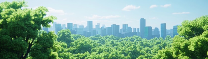 Vibrant city skyline, a tapestry of trees, modern buildings, and majestic sunset views