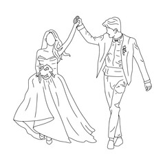 Wedding couple line art cartoon, digital art illustration.
