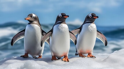 Fototapeta premium Three penguins standing on a snowy surface. The penguins are looking at the camera. Scene is playful and lighthearted