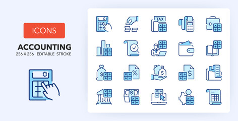 Line icons about accounting, financial concepts. Contains such icons as tax, loan, balance and more. 256x256 Pixel Perfect editable in two colors