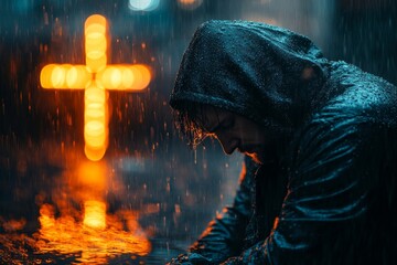 God and rain with depressed for mercy with plead or cry for help with test of faith with glow cross. Mental health, doubt or loss with grief, hopeless and trouble with spiritual crisis, Generative AI