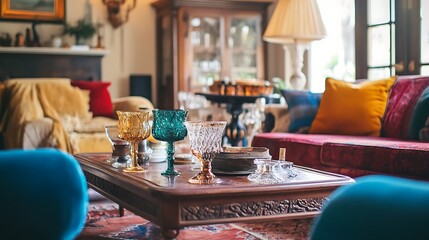 A colorful eclectic home with mismatched furniture vintage glassware and a cozy vibe