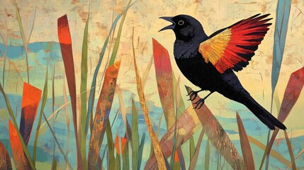 Red-winged blackbird in flight, perched on reeds, abstract background.