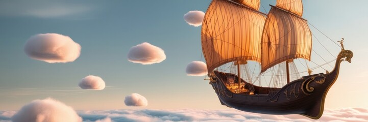 Naklejka premium Romantic sailing ship flying in sunset clouds. Copy space for text banner for Valentine's day