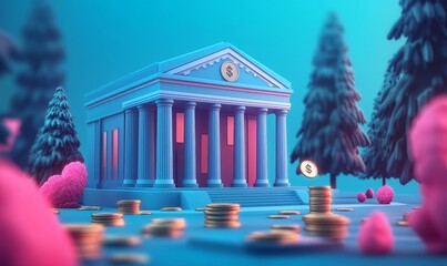3d bank building, coins and money illustration or representation. Financial data, business and economic transaction concept with cartoon style. Currency, trade and commercial exchange, Generative AI