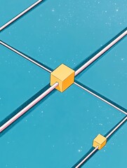 Naklejka premium Vibrant Digital Illustration: Interconnected Cubes Gleam in a Cosmic Teal Landscape. AI Generated