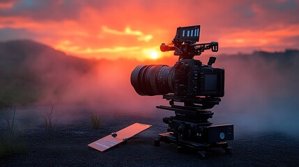 Professional Cinema Camera at Sunset Landscape