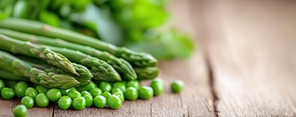 A close-up of fresh spring peas and asparagus on a rustic kitchen counter, bathed in natural light, exuding seasonal freshness.