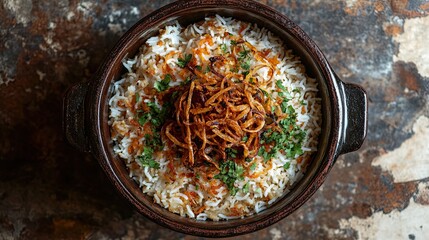 Aromatic Chicken Biryani served in rustic bowl.