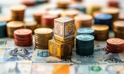 3d cubes, coins and money illustration or models. Finance , business and global economic transaction concept with cartoon style. Currency, international trade and commercial exchange, Generative AI