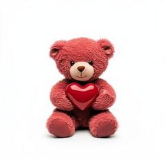 Obraz premium A teddy bear holding a red heart in its arms, sitting with a shy expression, isolated on white background 