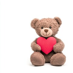 Obraz premium A teddy bear holding a red heart in its arms, sitting with a shy expression, isolated on white background 
