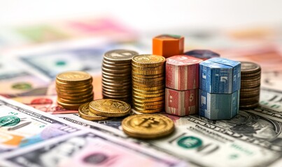 3d cubes, coins and money illustration or models. Finance , business and global economic transaction concept with cartoon style. Currency, international trade and commercial exchange, Generative AI