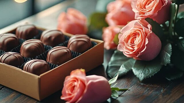 A beautifully arranged box of chocolate truffles sits next to fresh, pink roses on a wooden table. This enchanting setup captures the essence of love and romance during Valentine's Day.