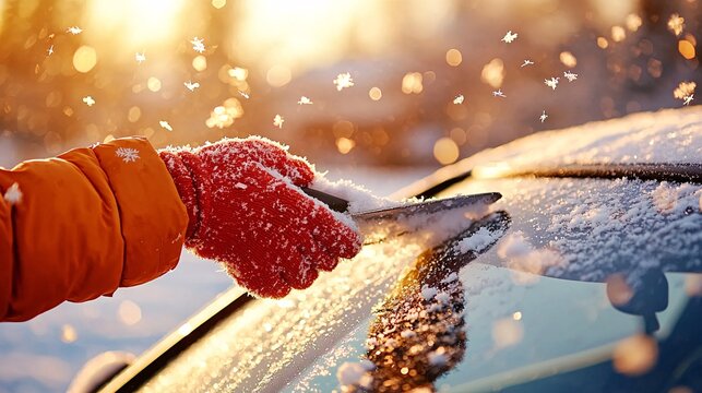 Winter lifestyle routine concept. A person in a red glove scrapes snow off a car windshield during a snowy sunrise, capturing the beauty of winter.